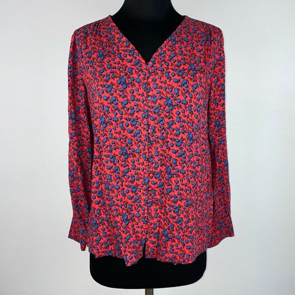 J. Jill Petite XS Red Blue Patterned Rayon Button Down Long Sleeve - Picture 1 of 8